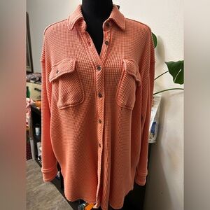 Aerie LumberJane Waffle Button Front OVERSIZED shirt XXS Melon /Orange